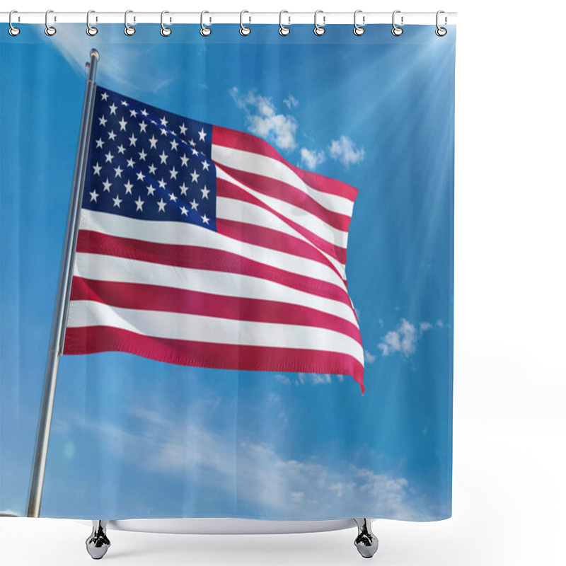 Personality  United States National Flag Waving On Pole Against Sunny Blue Sky Background. High Definition Shower Curtains