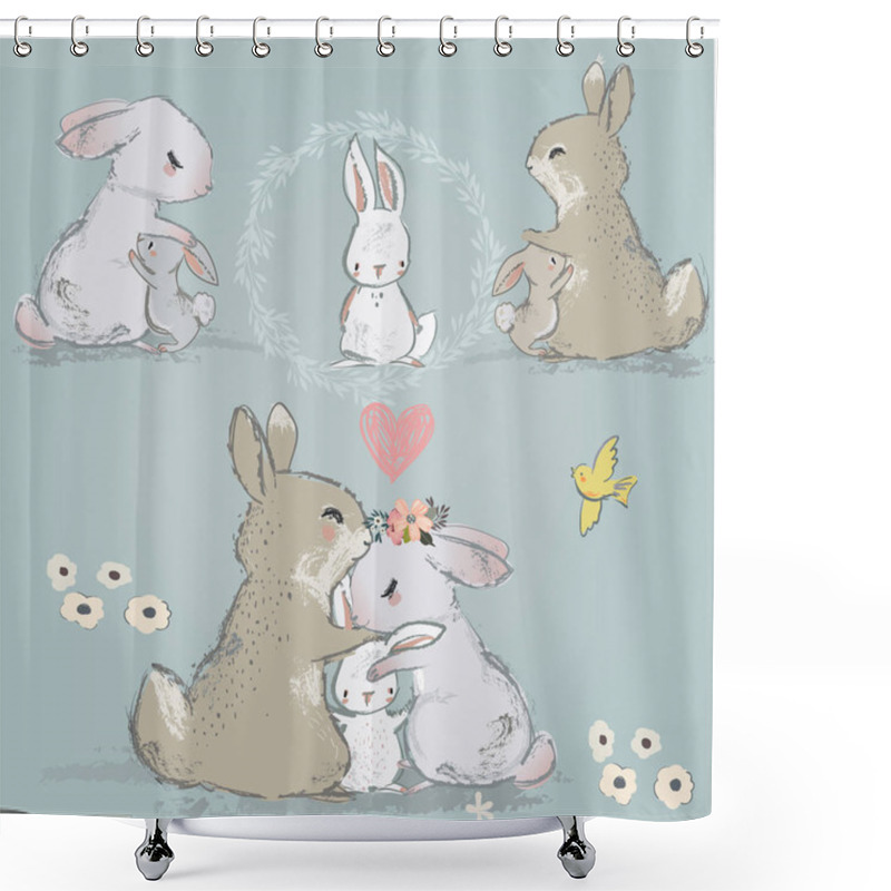 Personality  Cute Hares Couple With Children Shower Curtains