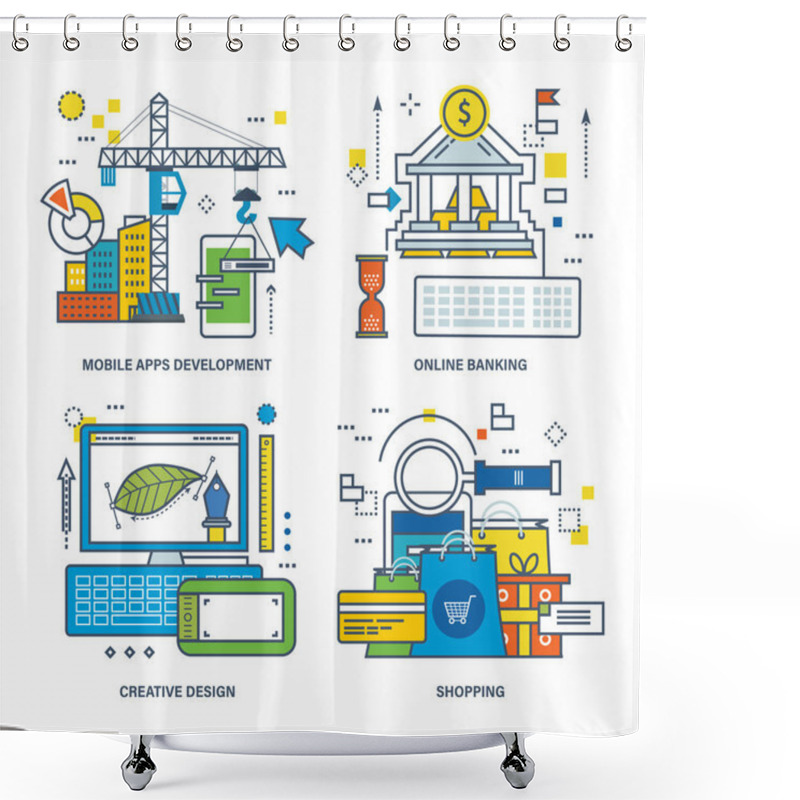 Personality  Concept Of Mobile Apps Development, Online Banking, Creative Design, Shopping. Shower Curtains