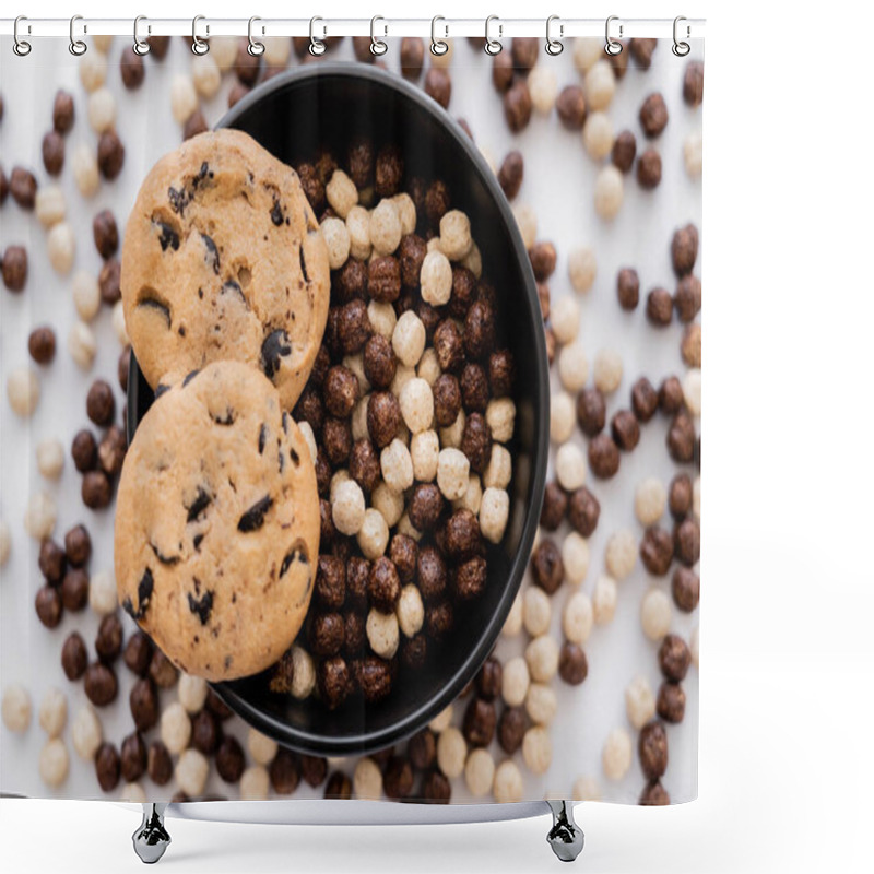 Personality  Top View Of Chocolate Chip Cookies On Top Of Bowl With Cereal Balls Isolated On White  Shower Curtains