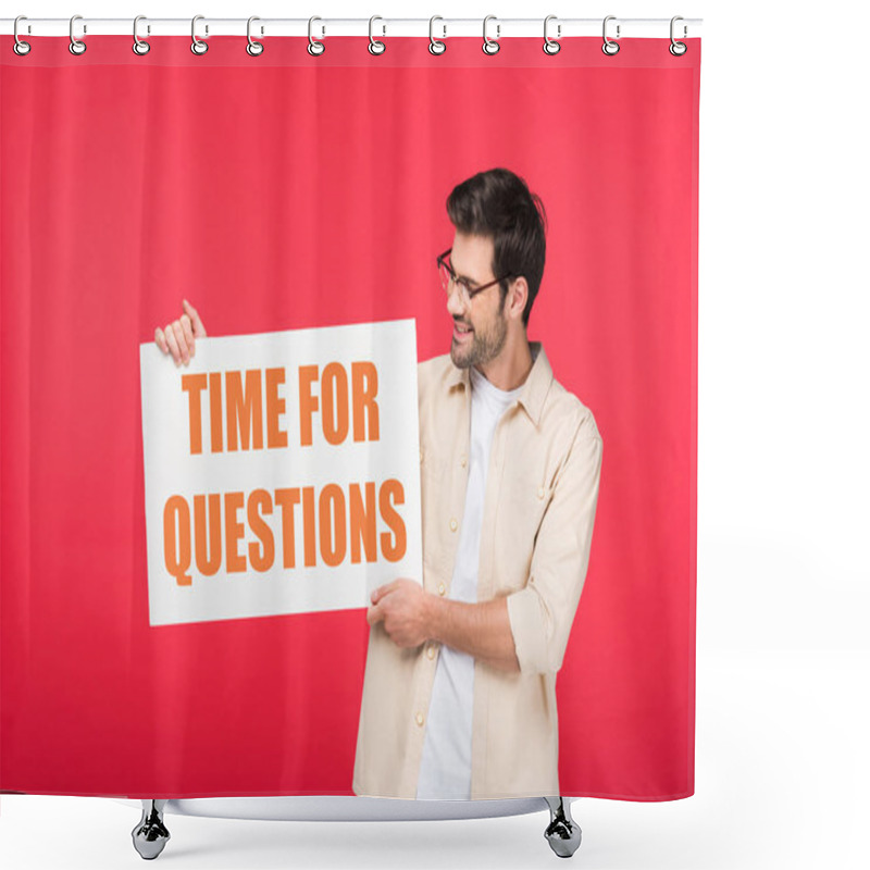 Personality  Handsome Man Holding White Placard With Time For Questions Illustration Isolated On Red Shower Curtains