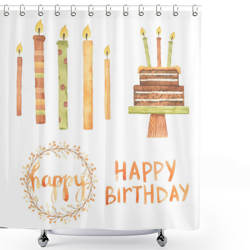 Personality  Watercolor Birthday: Cupcake, Cake, Candles, Ribbons, Stars, Balls. Hand Drawn Cartoon Watercolor Sketch Illustration Isolated On White Background. Collections For Birthday Card Shower Curtains