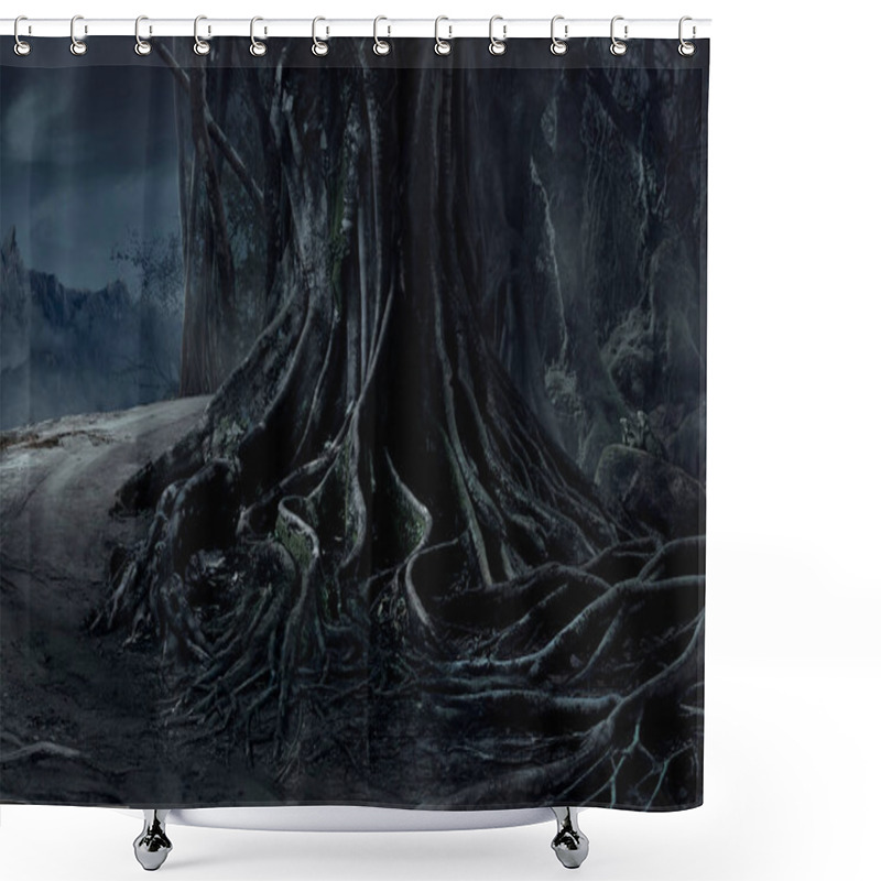 Personality  Spooky Halloween Dead Mysterious Forest Big Tree Landscape With Foggy Background At The Night Shower Curtains