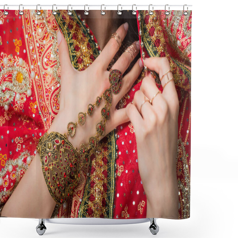 Personality  Cropped View Of Woman Posing In Traditional Indian Sari And Accessories, Isolated On Grey  Shower Curtains