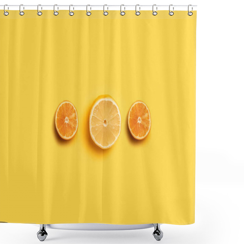 Personality  Orange Juice Oranges Split In Half On Yellow Background Shower Curtains