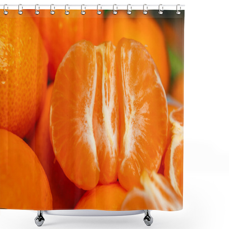 Personality  Fresh Peeled Tangerine Segments Close Up On A Background Of Orange Mandarins Shower Curtains