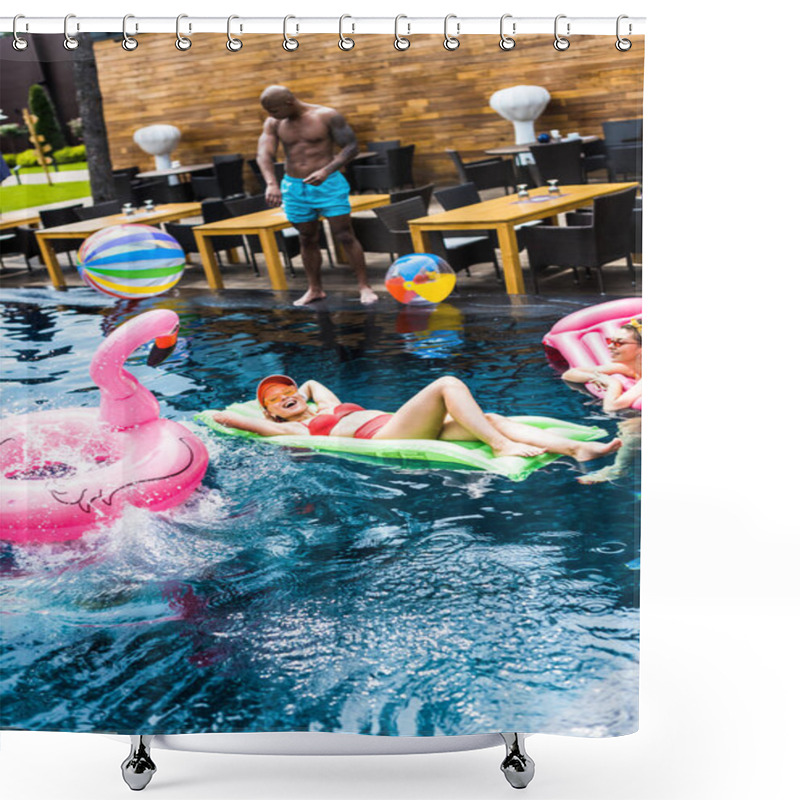 Personality  Smiling Women Resting On Inflatable Mattresses In Swimming Pool  Shower Curtains