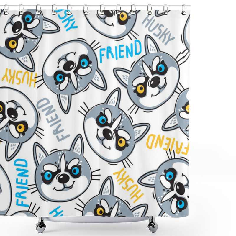 Personality  Fashionable Seamless Pattern With Dogs Husky Noses Puppies And Inscriptions Friend. Vector Illustration In Cartoon Style. Shower Curtains