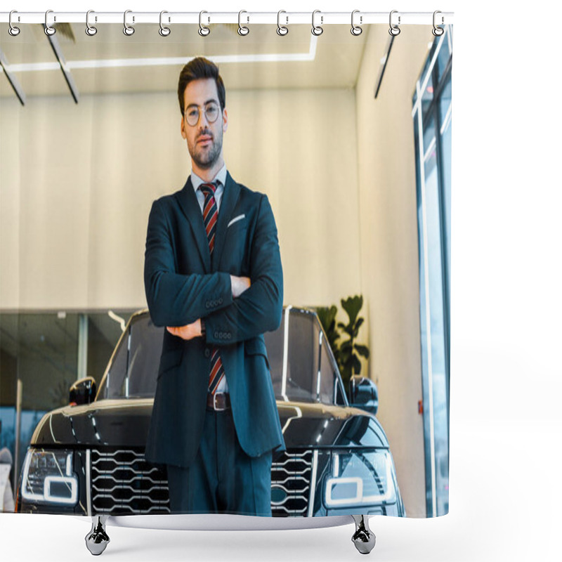 Personality  Low Angle View Of Businessman In Eyeglasses Posing With Crossed Arms Near Black Automobile Shower Curtains