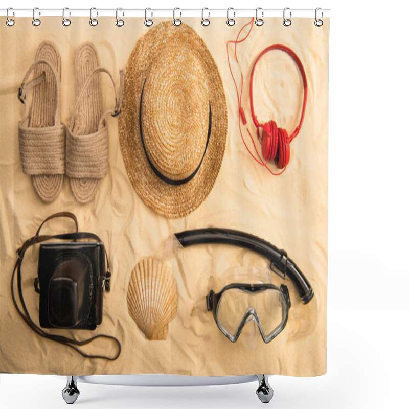 Personality  Top View Of Summer Accessories, Swimming Mask With Snorkel, Headphones And Film Camera On Sand Shower Curtains