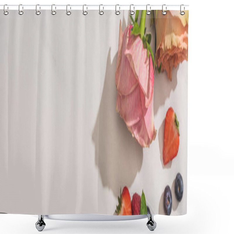 Personality  Top View Of Delicious Berries And Roses On White Background, Panoramic Shot Shower Curtains