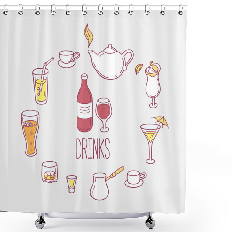 Personality  Set Of Doodles Drinks In Vector. Backgrond With Beverages For Design Shower Curtains