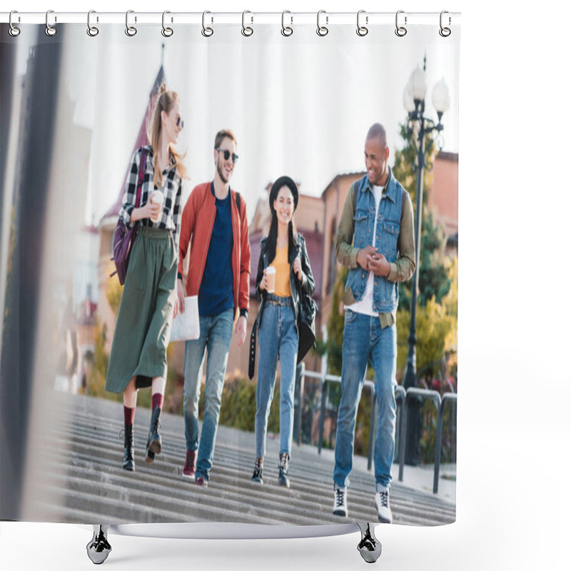 Personality  Multicultural Friends Walking On Street Shower Curtains