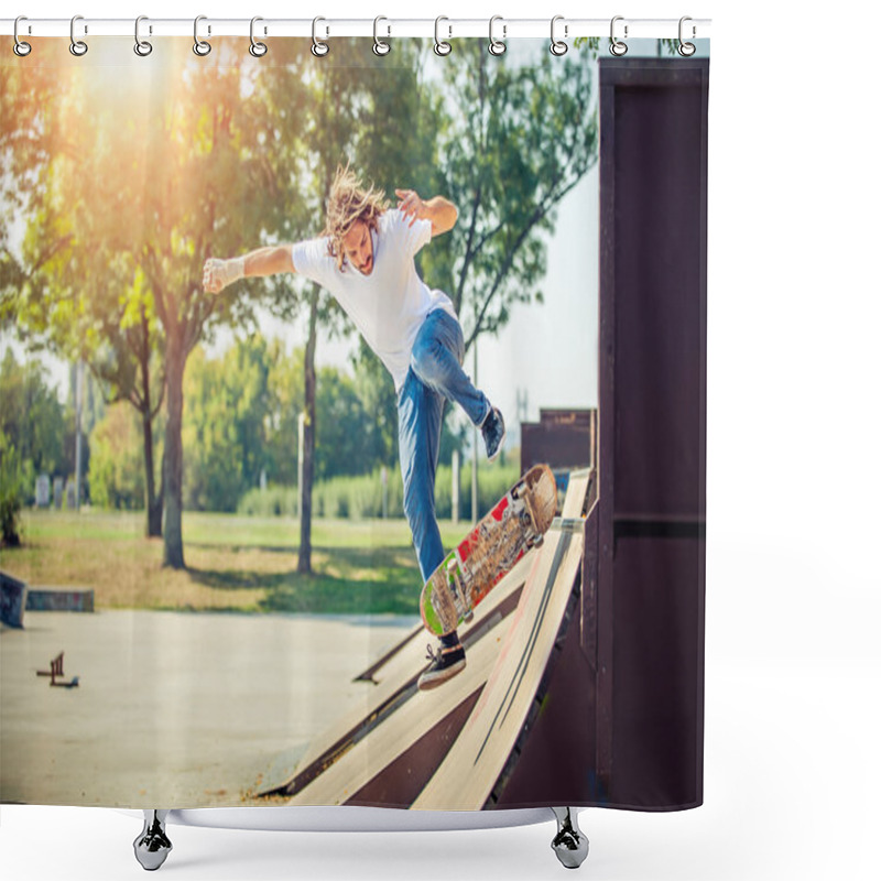 Personality  Young Man Riding Skate At Park And Falling Down Shower Curtains