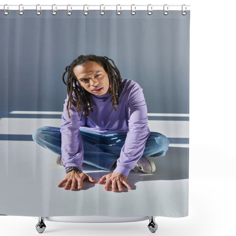 Personality  Young African American Man In Purple Sweatshirt With Dreadlocks And Pierced Lip Looking At Camera Shower Curtains