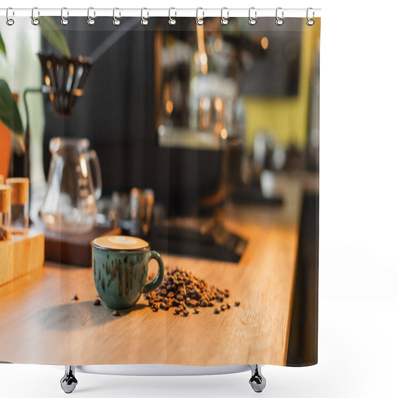 Personality  Cup Of Cappuccino Near Coffee Beans On Worktop Near Blurred Coffee Machine In Cafe Shower Curtains