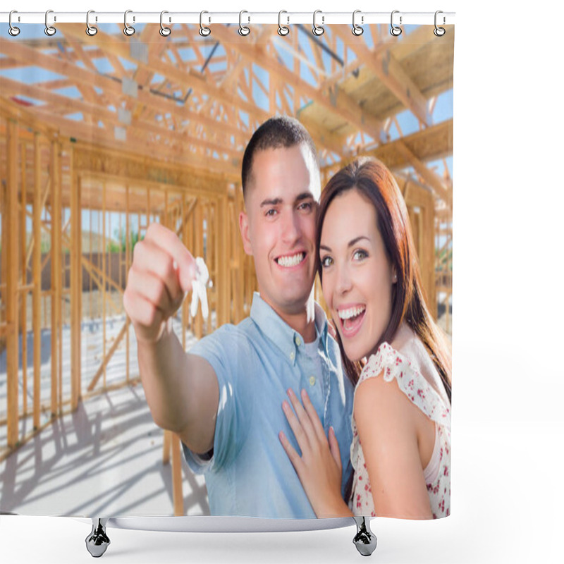 Personality  Young Military Couple On Site With House Keys Inside Their New Home Construction Framing. Shower Curtains