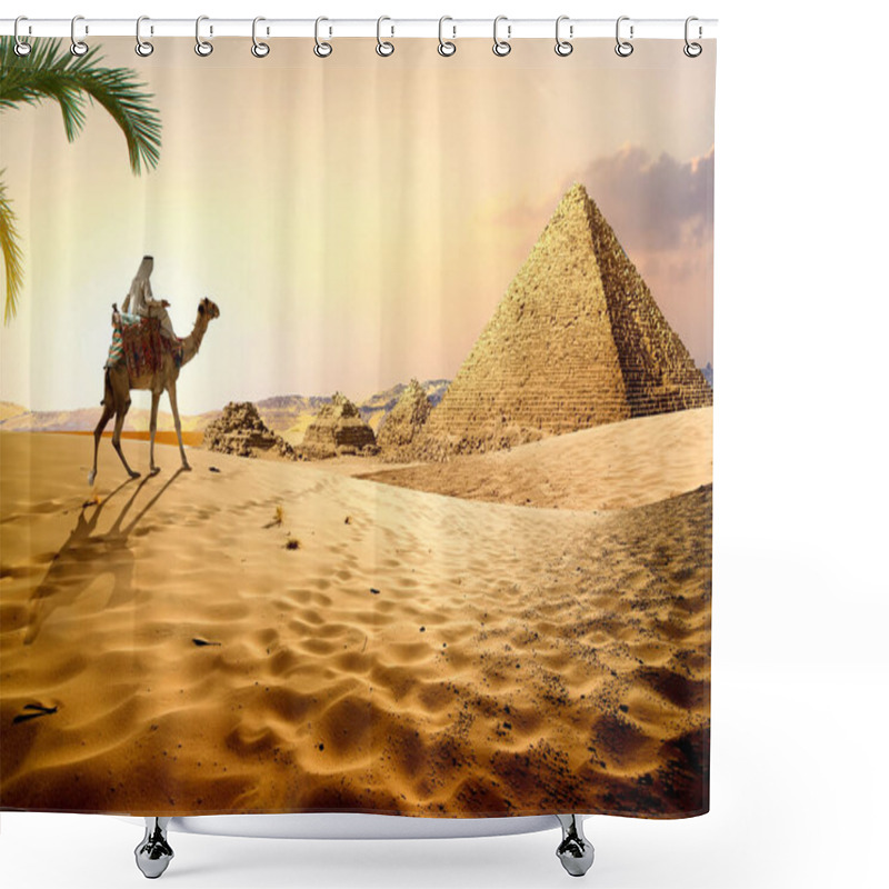 Personality  Nomad On Camel Near Pyramids In Egyptian Desert Shower Curtains