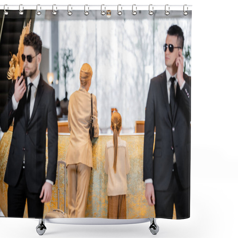 Personality  Personal Security, Lifestyle, Blonde Mother With Child Standing At Reception Desk, Woman And Preteen Girl During Check In, Bodyguards In Suit And Sunglasses Protecting Rich Family In Hotel  Shower Curtains