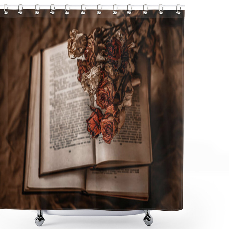 Personality  Open Book With Dried Roses Lying On Its Pages, Creating A Vintage And Nostalgic Atmosphere Shower Curtains