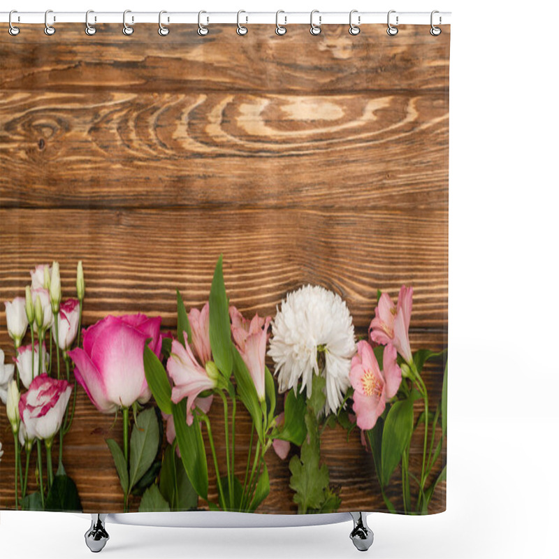 Personality  Top View Of Variety Of Pink And White Blooming Flowers On Wooden Surface Shower Curtains