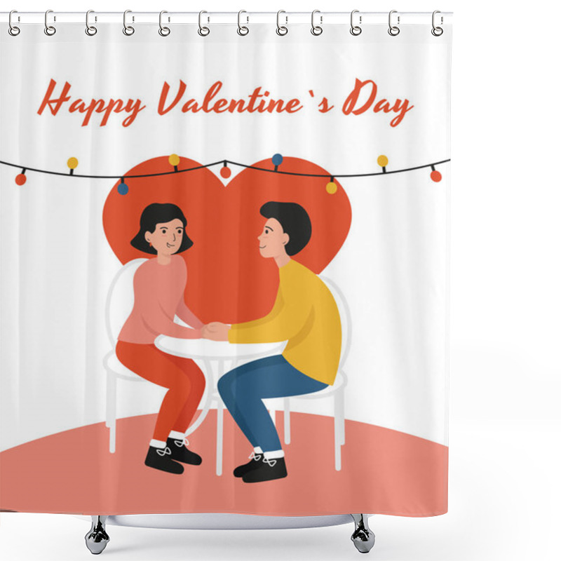 Personality  Valentine's Day. Girl And Guy In Cafe Hold Hands Shower Curtains