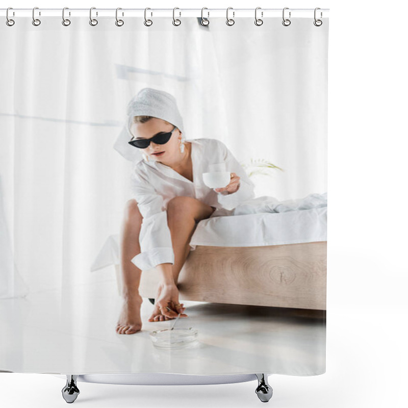 Personality  Young Stylish Woman In Shirt, Jewelry And Sunglasses With Towel On Head And Cup Of Coffee Smoking Cigarette Near Ashtray On Floor Shower Curtains