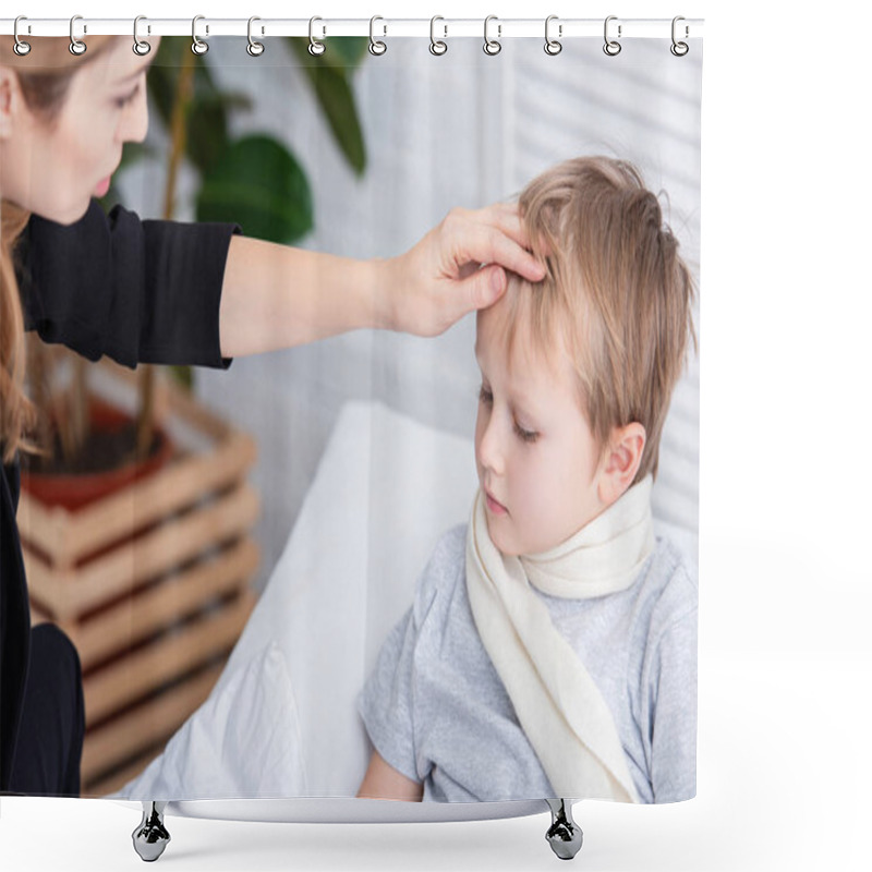 Personality  Mother Taking Care Of Sick Son And Touching His Forehead In Bedroom Shower Curtains