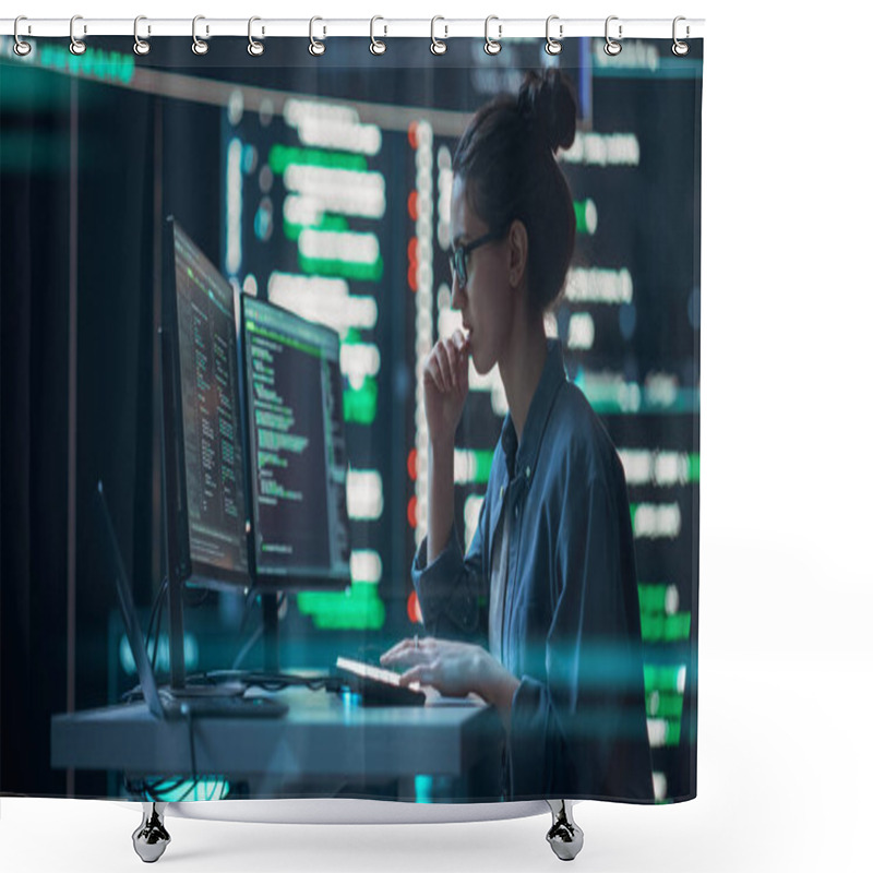 Personality  Female Developer Thinking And Typing On Computer, Surrounded By Big Screens Showing Coding Language. Focused Programmer Creating Software, Running Shower Curtains