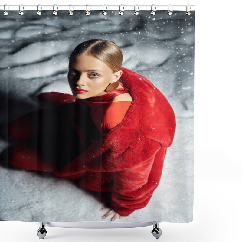 Personality  A Young Woman In A Red Coat Sits Gracefully In The Soft Snow, Radiating Elegance. Shower Curtains