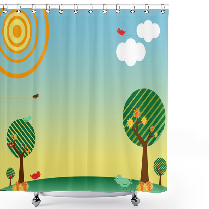 Personality  Retro Spring Landscape With Birds And Trees Shower Curtains