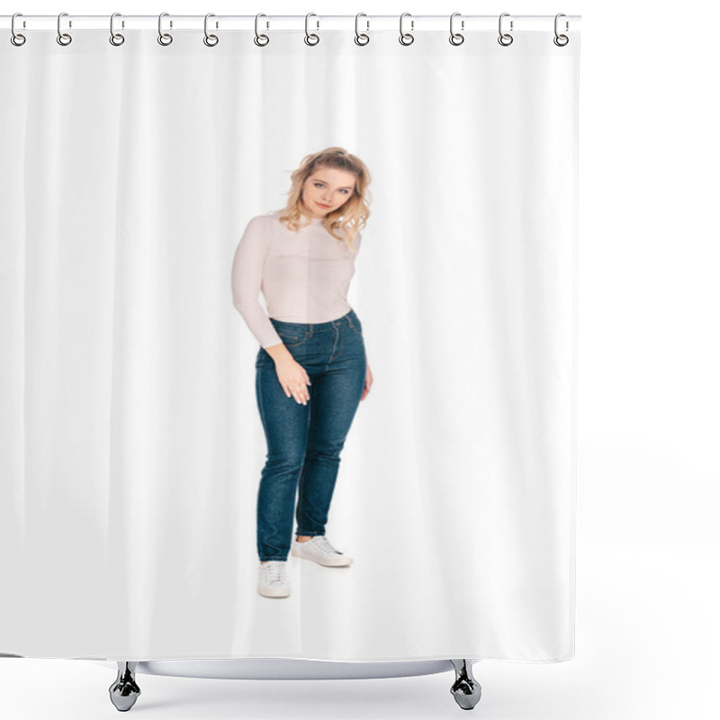 Personality  Full Length View Of Beautiful Young Blonde Woman Looking At Camera Isolated On White Shower Curtains