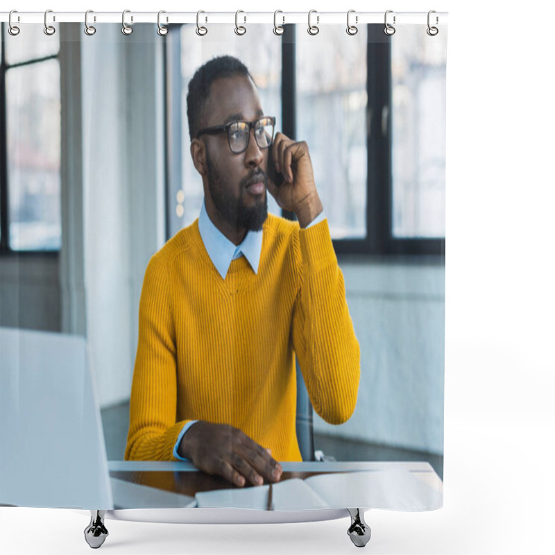 Personality  African American Businessman Talking By Smartphone In Office Shower Curtains