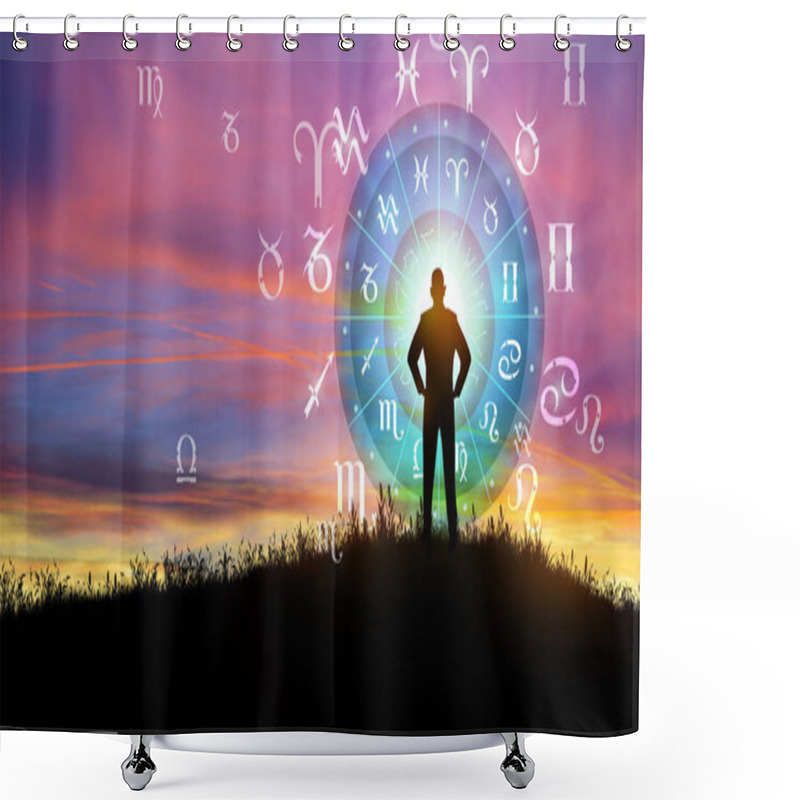 Personality  Astrological Zodiac Signs Inside Of Horoscope Circle. Illustration Of Man Silhouette Consulting The Sun Over The Zodiac Wheel And Sunrise Background. The Power Of The Universe Concept. Shower Curtains