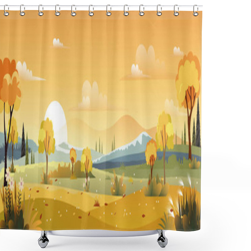 Personality  Panorama Landscapes Of Countryside In Autumn,Mid Autumn With Farm Field, Mountains, Wild Grass And Leaves Falling From Trees With Blue Sky And Yellow Foliage.Fall Season With Copy Space For Banner Shower Curtains