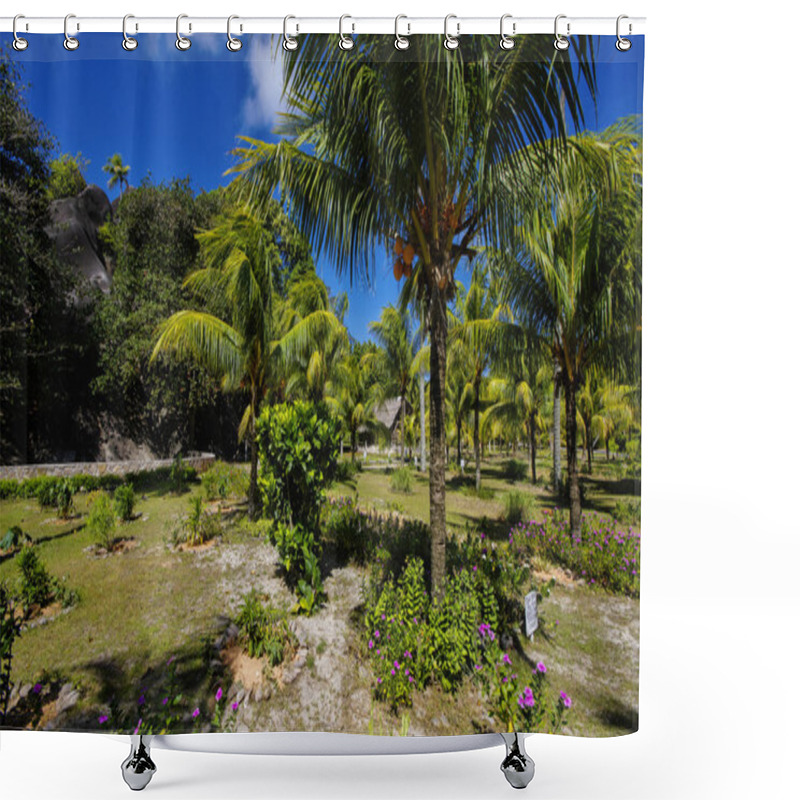 Personality  Beautiful Palmtrees, In Union Estate, La Digue, Seychelles Islands, With Granite Mountains.  Shower Curtains