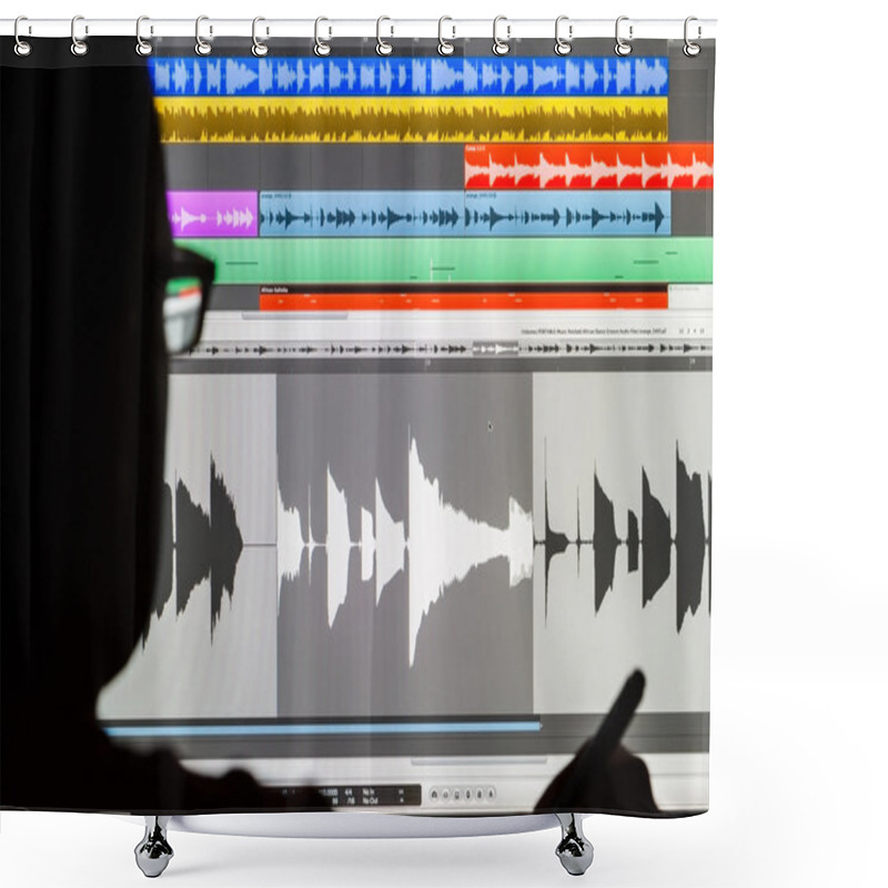 Personality  Man Editing Digital Audio On A Computer Shower Curtains