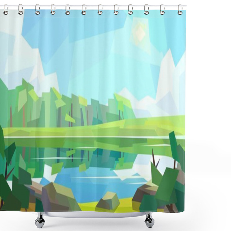 Personality  Low Poly Landscape Forest River Reflection Sun Cloud Rock Bush Vector Illustration Shower Curtains