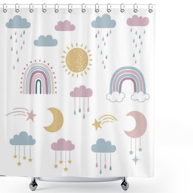 Personality  Set Of Doodle Sky And Weather Elements - Sun, Moon, Stars, Clouds, Raindrops And Rainbows, For Cute Childlike And Dreamy Design Shower Curtains