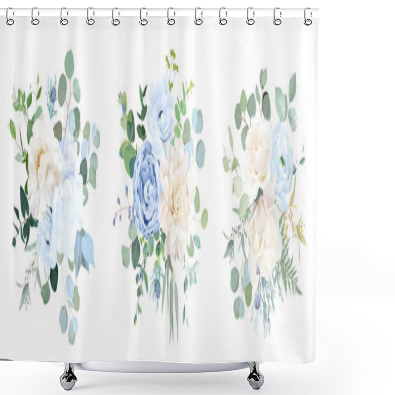 Personality  Dusty Blue, Ivory Beige Rose, White Hydrangea, Magnolia, Peony, Ranunculus Shower Curtains