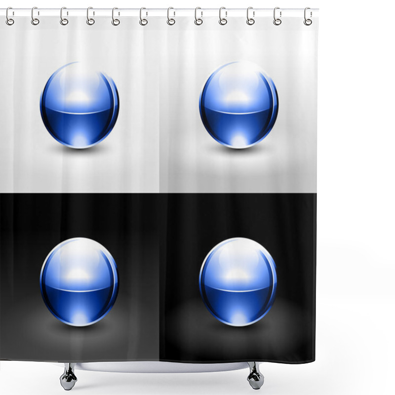 Personality  Blue Chrome Metal Ball With Drop Black Shadow And Glowing On White, Gray And Black Background Shower Curtains