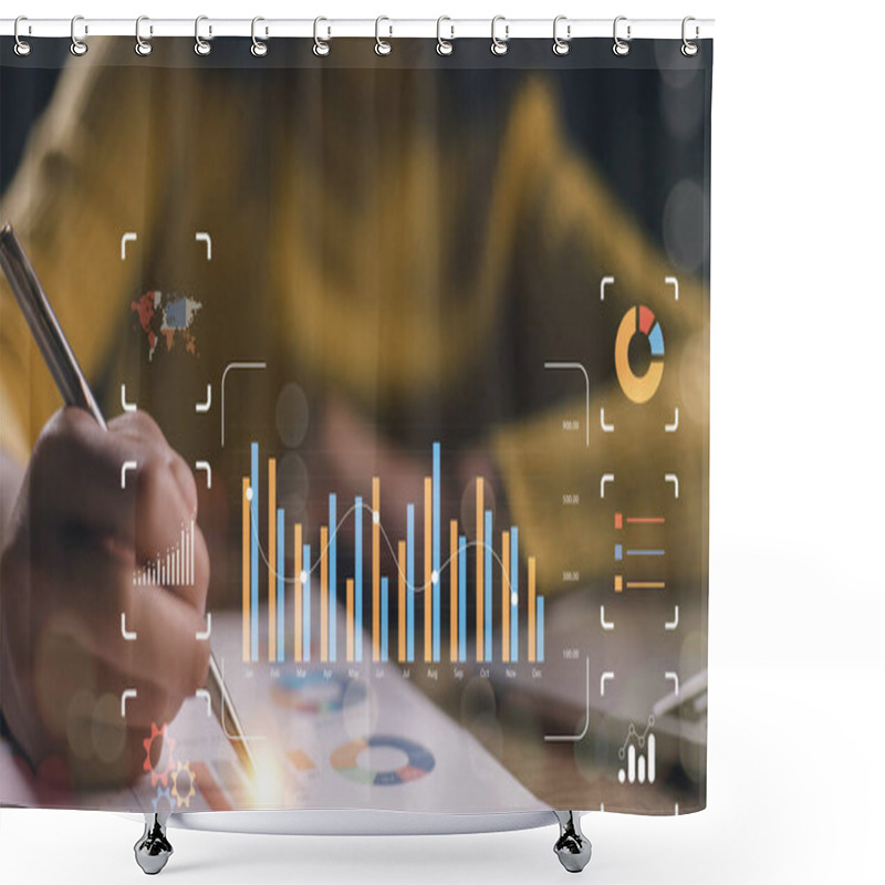 Personality  Business Intelligence Concept - Data Analysis, Management Tools, Intelligence, Corporate Strategy Creation, Data-driven Decision Making. KPIs And Metrics Connected To The Financial Database. Shower Curtains