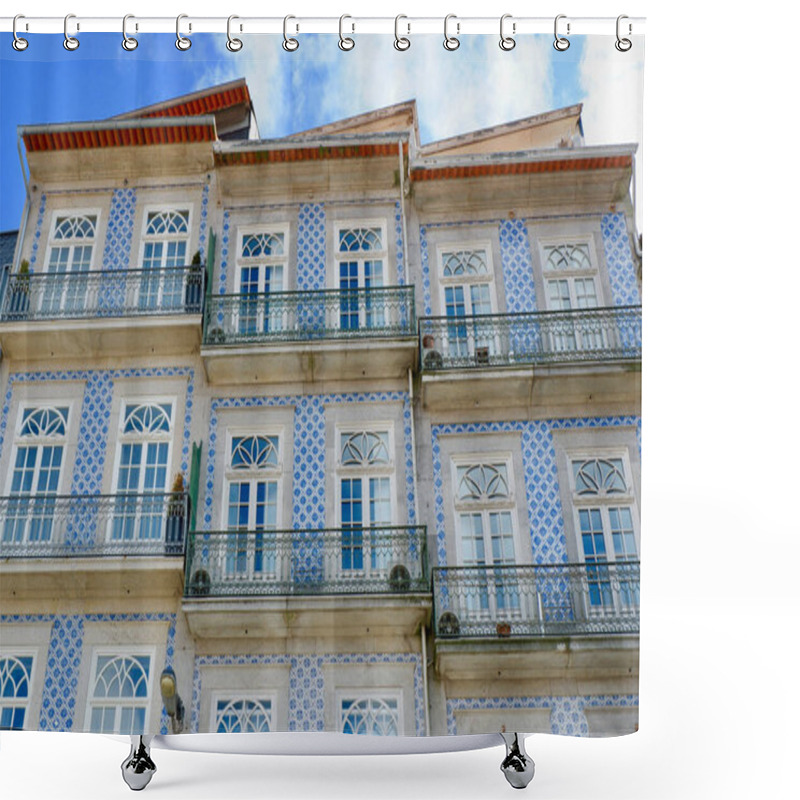 Personality  Classical Buildings With Balconies Windows And Facade Decorated With Traditional Blue Tiles Downtown Porto, Portugal. Shower Curtains