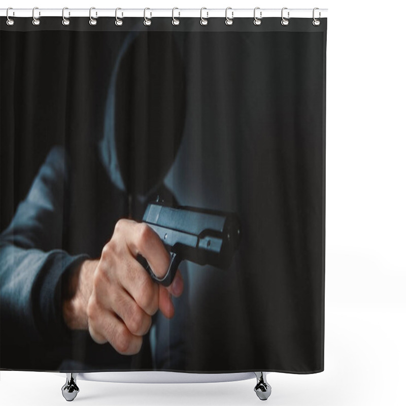 Personality  Man Holds A Gun In His Hands And Threatens Shower Curtains