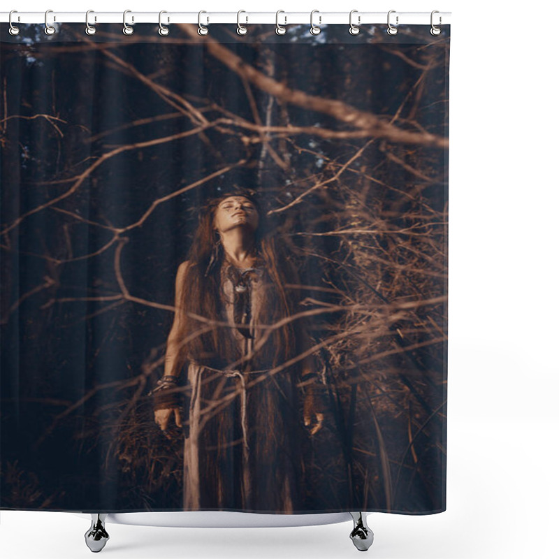 Personality  Beautiful Young Woman Model With Very Long Hair. Witch Craft Concept Shower Curtains