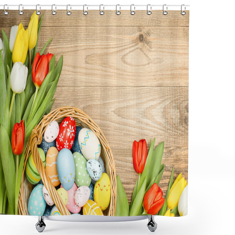 Personality  Wicker Basket With Easter Eggs And Spring Tulips On A Wooden Table Top View Shower Curtains