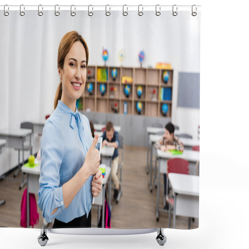 Personality  Laughing Teacher In Blue Blouse Standing In Front Of Pupils And Showing Thumb Up Shower Curtains