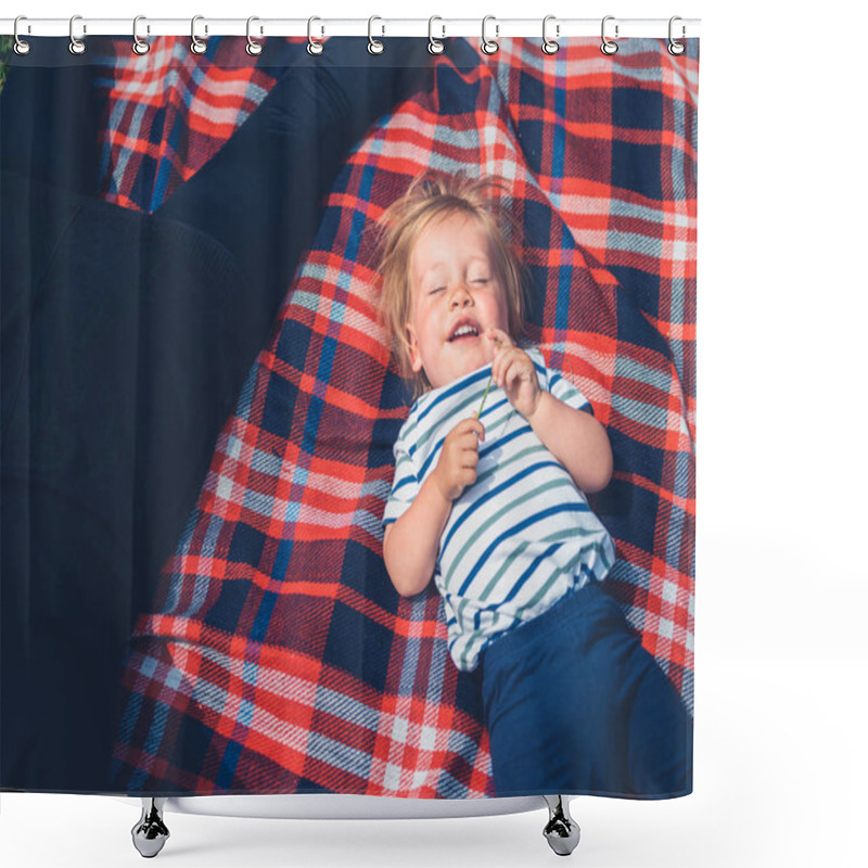 Personality  A Cute Little Toddler Boy Is Having A Great Time Chilling Out On A Picnic Blanket Shower Curtains