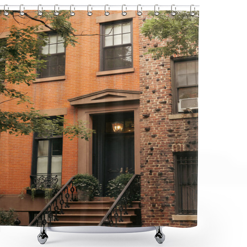 Personality  Stone Building With Potted Plants On Stairs And Lantern Above Entrance In New York City Shower Curtains