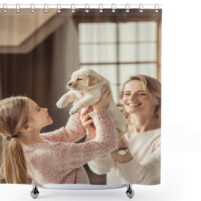 Personality  Attractive Smiling Mother And Daughter Playing With Adorable Labrador Puppy Shower Curtains